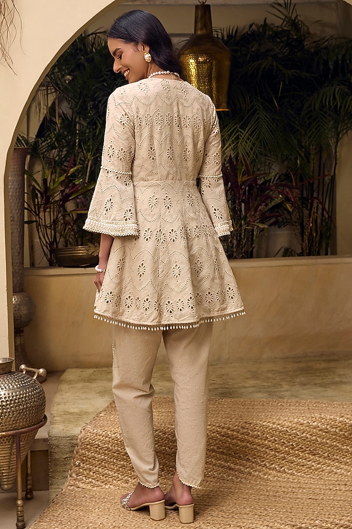 Sand Cotton Pearl Embroidered Tunic Set by Mustard Moon by Neyha and Vrinda at Pernia's Pop Up Shop