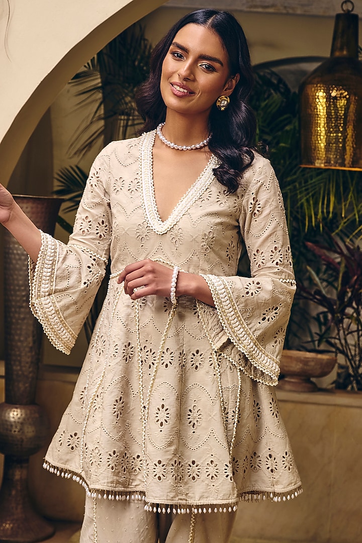 Sand Cotton Pearl Embroidered Tunic Set by Mustard Moon by Neyha and Vrinda at Pernia's Pop Up Shop