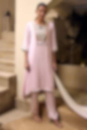 Pale Pink Modal Satin Embroidered Asymmetric Kurta Set by Mustard Moon by Neyha and Vrinda