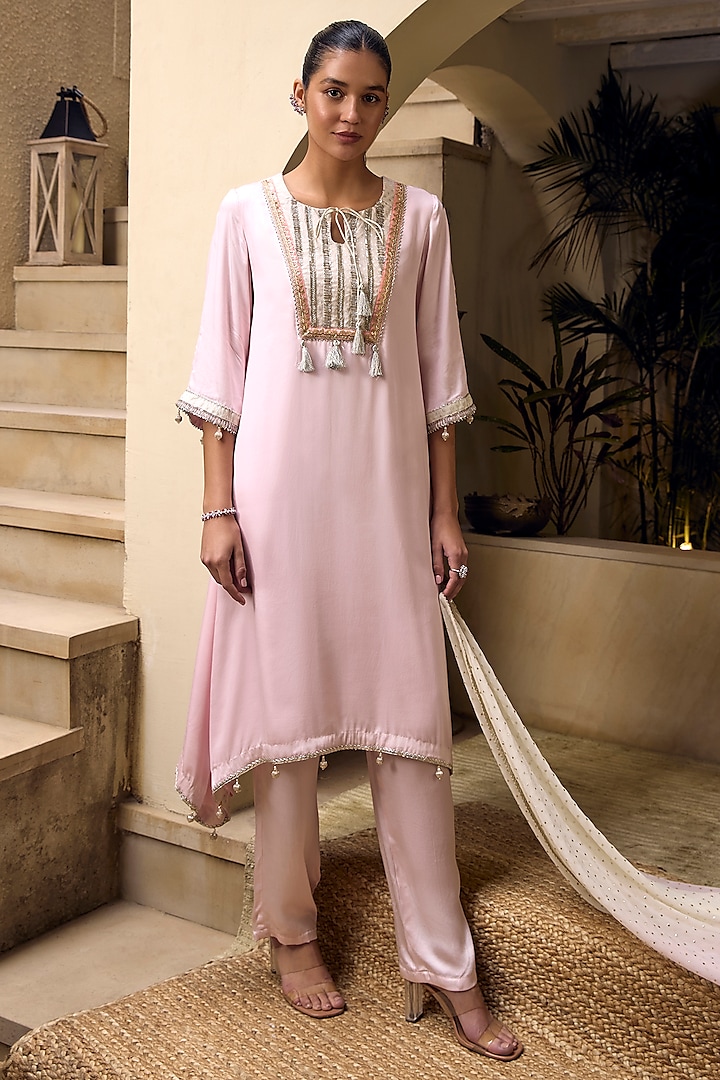 Pale Pink Modal Satin Embroidered Asymmetric Kurta Set by Mustard Moon by Neyha and Vrinda