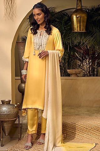 Yellow Blossom Modal Satin Embroidered Asymmetric Kurta Set by Mustard Moon by Neyha and Vrinda