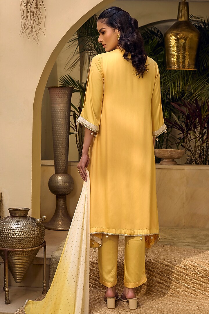 Yellow Blossom Modal Satin Embroidered Asymmetric Kurta Set by Mustard Moon by Neyha and Vrinda at Pernia's Pop Up Shop
