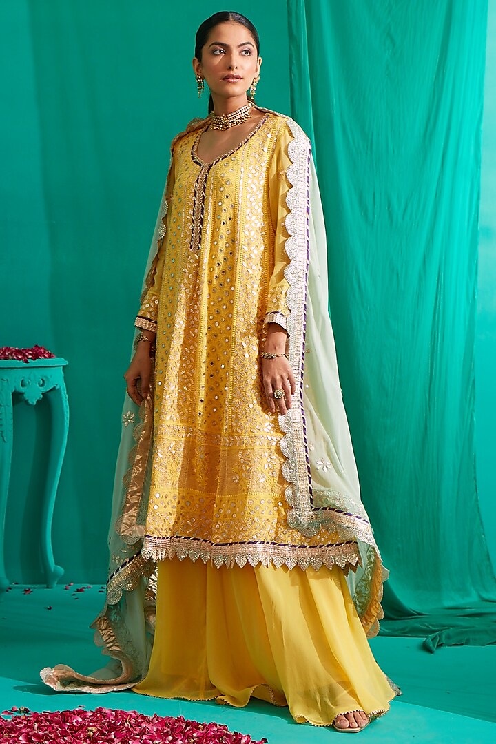 Yellow Embroidered Anarkali Set by Mustard Moon by Neyha and Vrinda at Pernia's Pop Up Shop