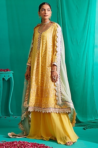Yellow Embroidered Anarkali Set by Mustard Moon by Neyha and Vrinda