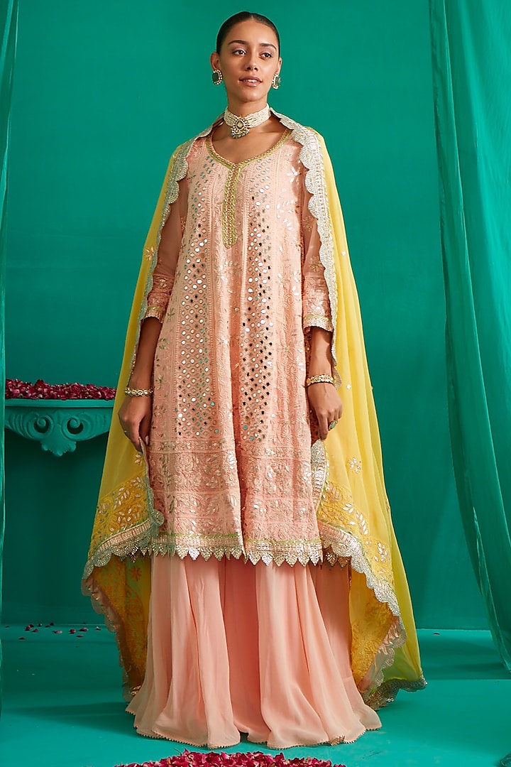 Peach Embroidered Anarkali Set by Mustard Moon by Neyha and Vrinda at Pernia's Pop Up Shop