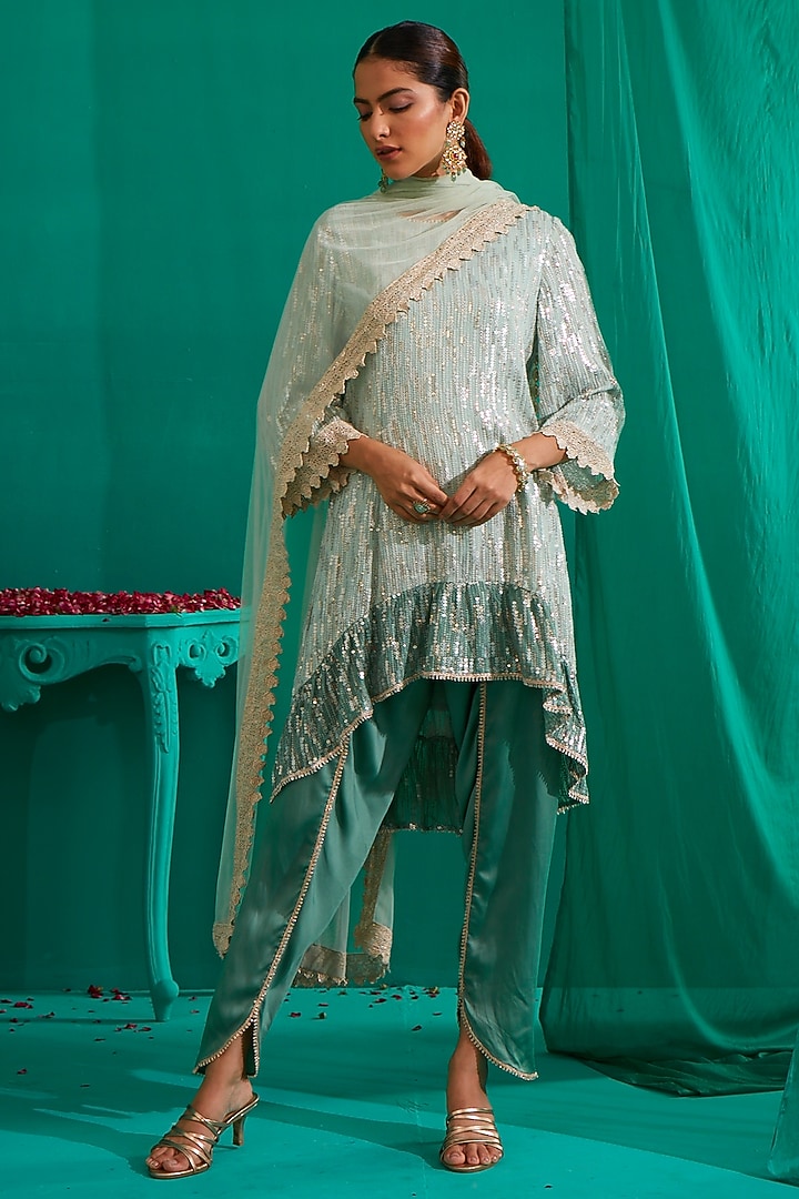 Aqua Mint Embroidered Kurta Set by Mustard Moon by Neyha and Vrinda at Pernia's Pop Up Shop