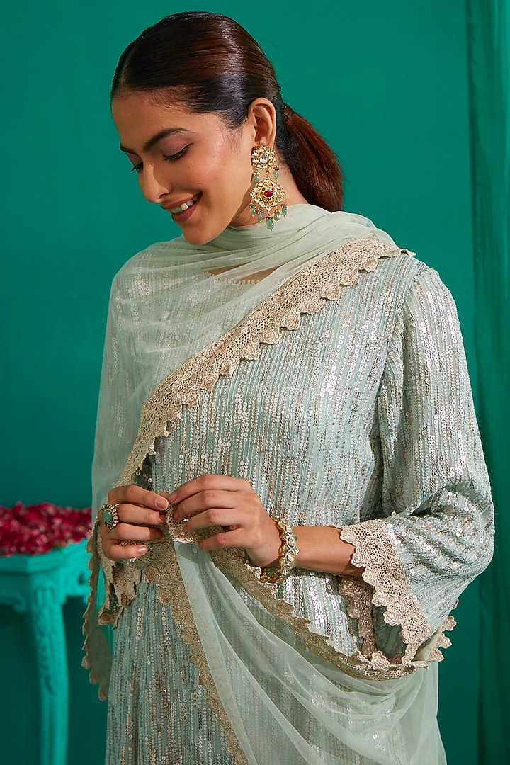 Aqua Mint Embroidered Kurta Set by Mustard Moon by Neyha and Vrinda at Pernia's Pop Up Shop