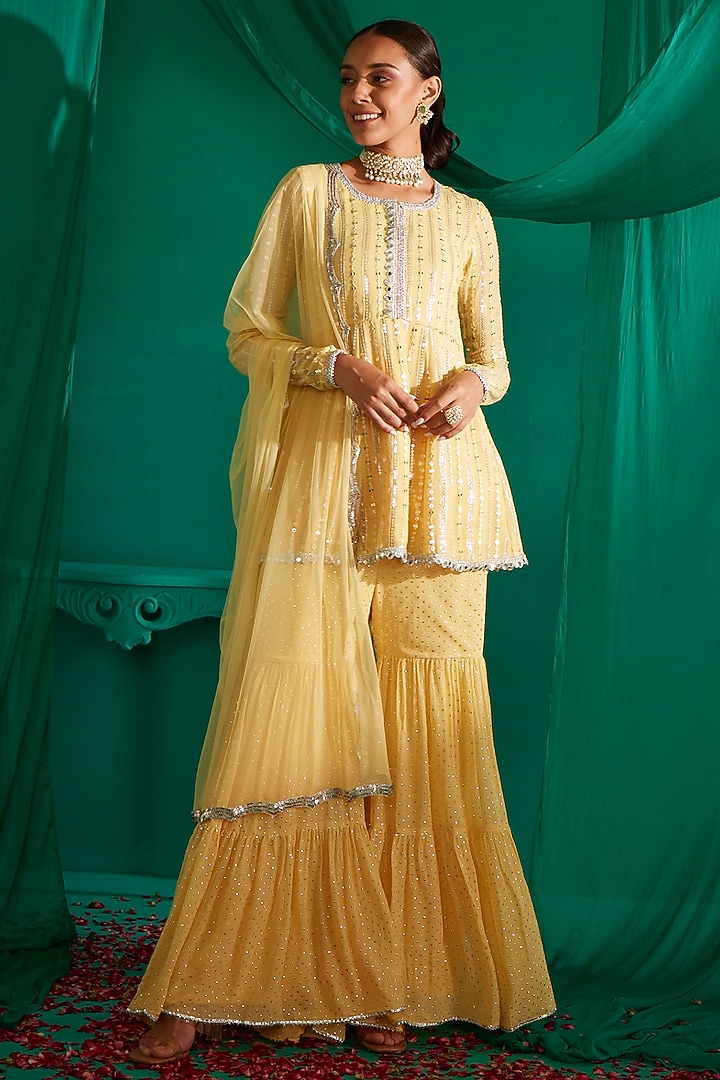Yellow Georgette Party Wear Sharara Set by Mustard Moon by Neyha and Vrinda at Pernia's Pop Up Shop