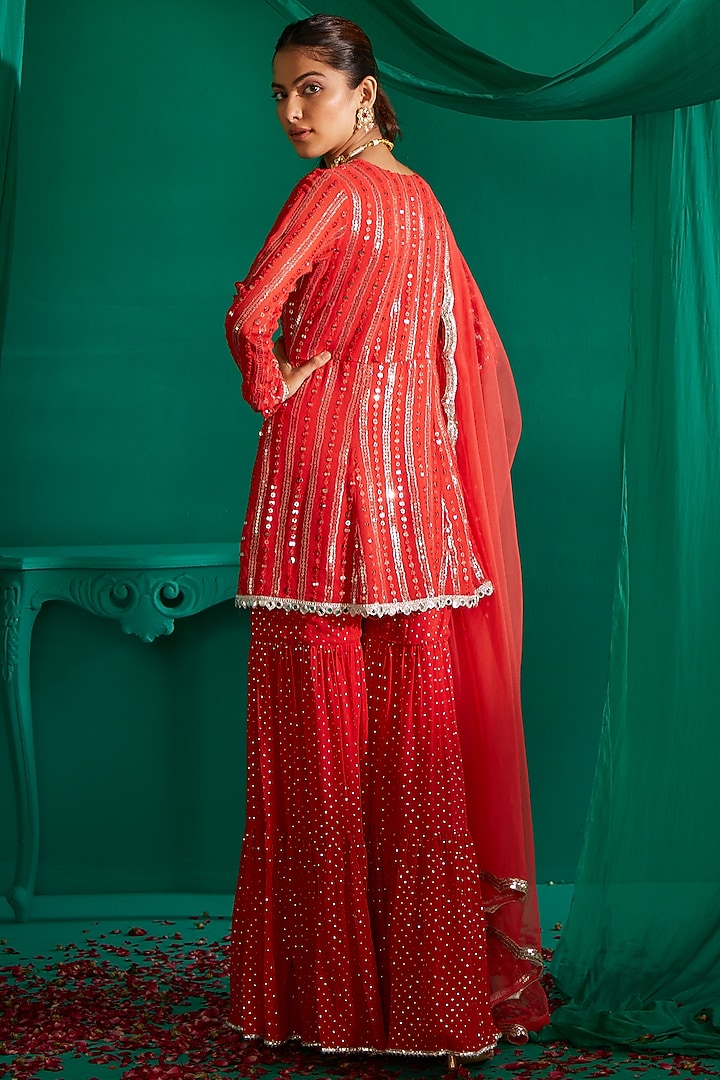 Coral Red Georgette Party Wear Sharara Set by Mustard Moon by Neyha and Vrinda at Pernia's Pop Up Shop
