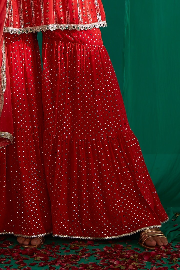 Coral Red Georgette Party Wear Sharara Set by Mustard Moon by Neyha and Vrinda at Pernia's Pop Up Shop