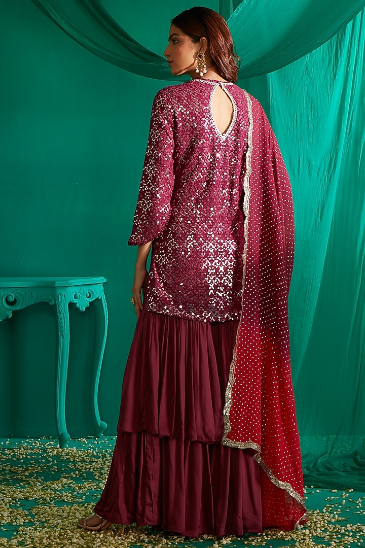 Purple & Red Modal Satin Wedding Sharara set by Mustard Moon by Neyha and Vrinda at Pernia's Pop Up Shop