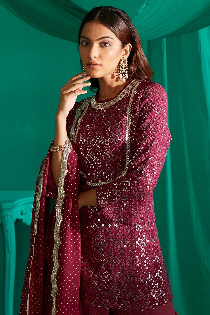 Purple & Red Modal Satin Wedding Sharara set by Mustard Moon by Neyha and Vrinda at Pernia's Pop Up Shop