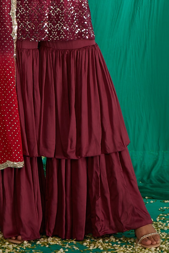 Purple & Red Modal Satin Wedding Sharara set by Mustard Moon by Neyha and Vrinda at Pernia's Pop Up Shop