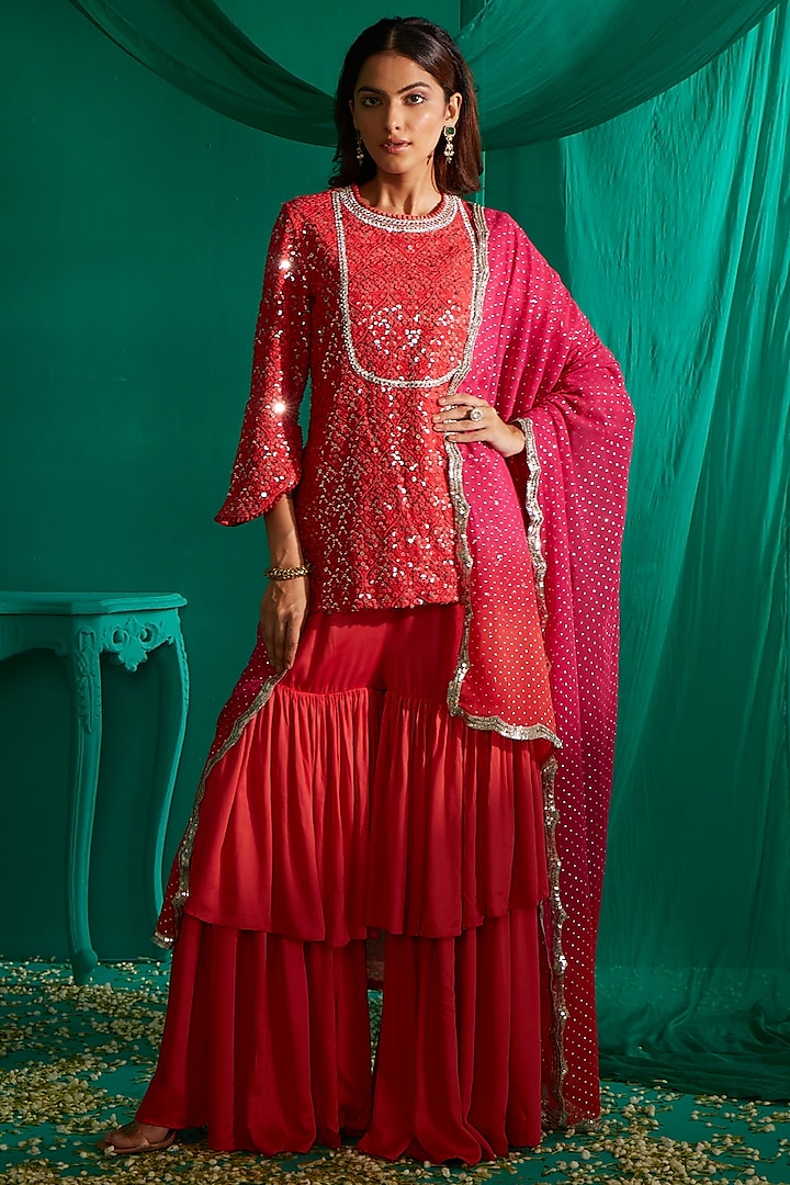 Coral & Hot Pink Modal Satin Sharara set by Mustard Moon by Neyha and Vrinda at Pernia's Pop Up Shop