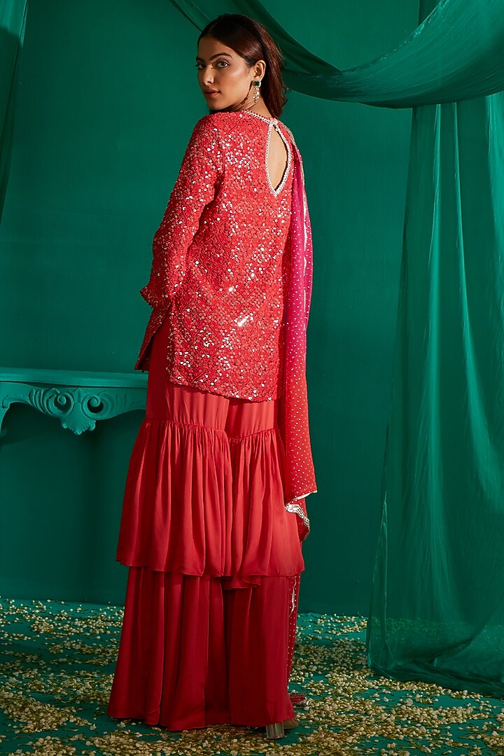 Coral & Hot Pink Modal Satin Wedding Sharara set by Mustard Moon by Neyha and Vrinda at Pernia's Pop Up Shop