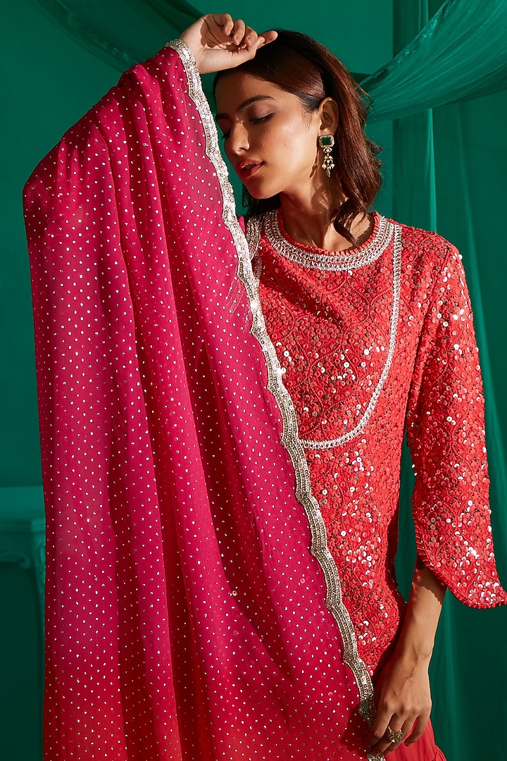 Coral & Hot Pink Modal Satin Wedding Sharara set by Mustard Moon by Neyha and Vrinda at Pernia's Pop Up Shop