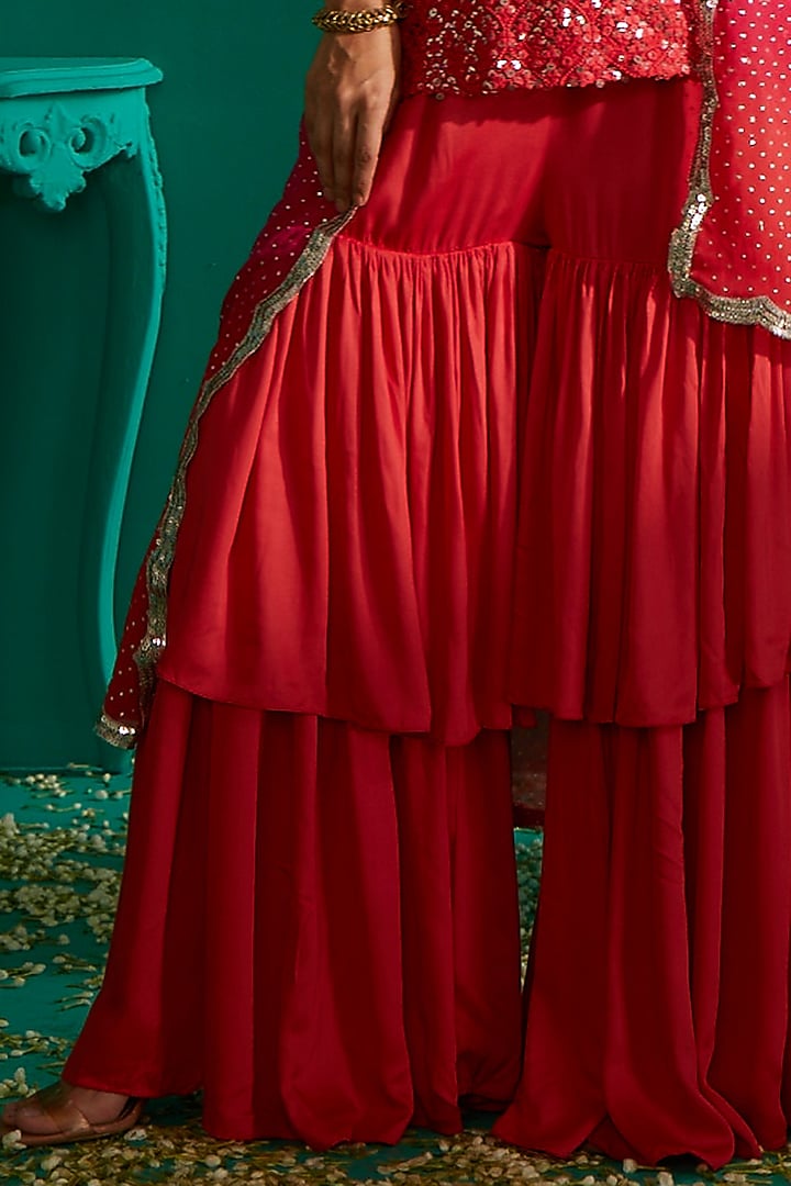 Coral & Hot Pink Modal Satin Wedding Sharara set by Mustard Moon by Neyha and Vrinda at Pernia's Pop Up Shop