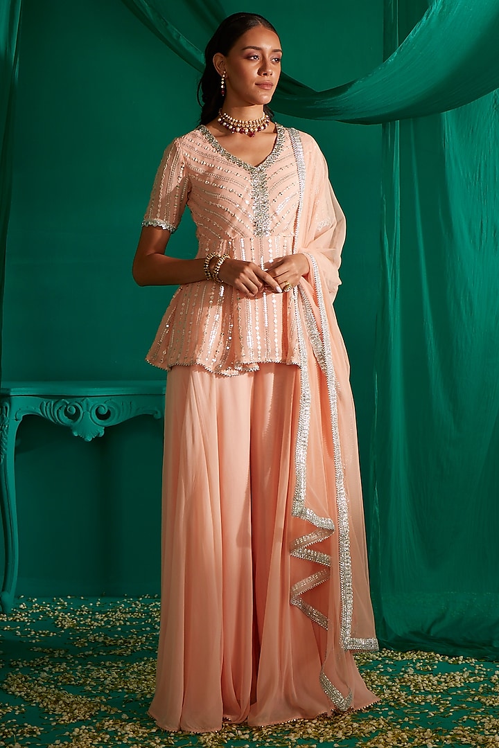 Peach Georgette Sharara Set by Mustard Moon by Neyha and Vrinda at Pernia's Pop Up Shop