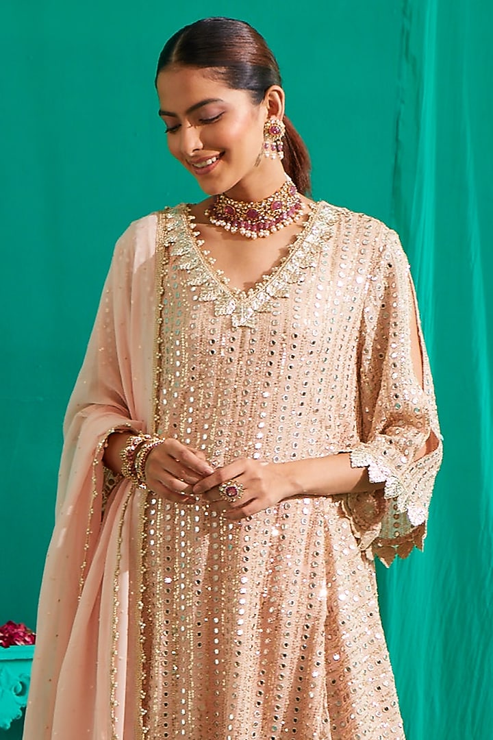 Peach Embroidered Kurta Set by Mustard Moon by Neyha and Vrinda at Pernia's Pop Up Shop