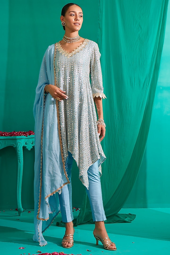 Ice Blue Embroidered Kurta Set by Mustard Moon by Neyha and Vrinda at Pernia's Pop Up Shop