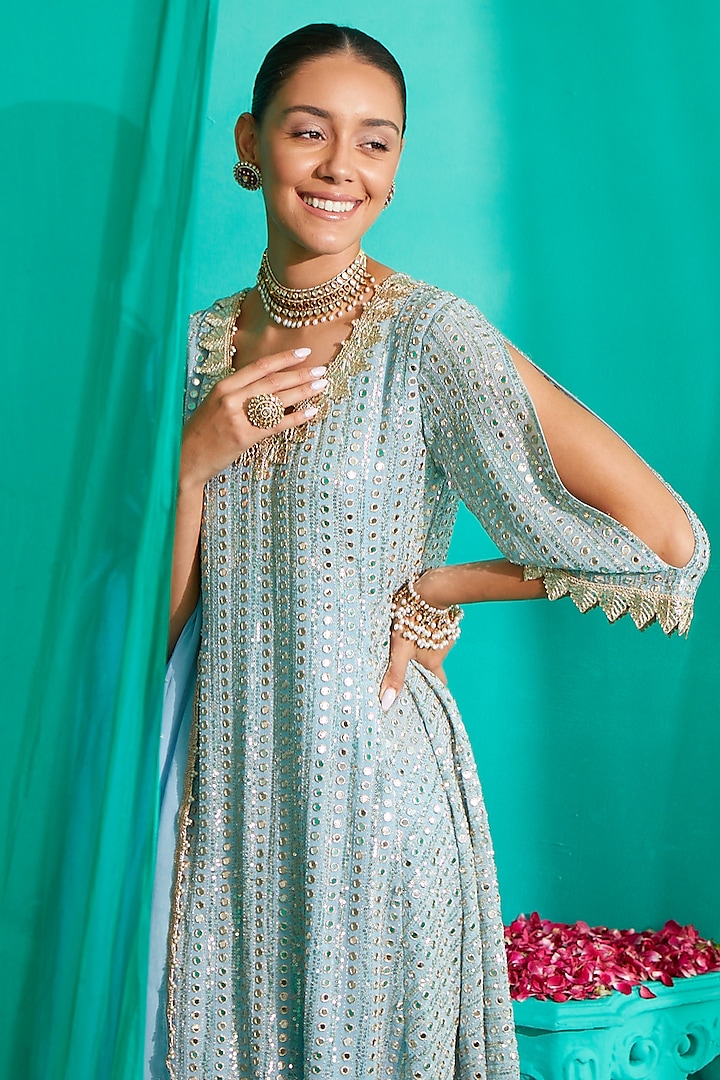 Ice Blue Embroidered Kurta Set by Mustard Moon by Neyha and Vrinda at Pernia's Pop Up Shop