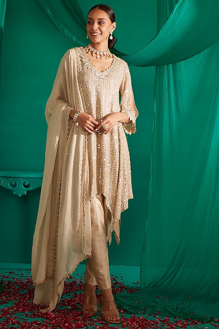 Ivory Gold Embroidered Kurta Set by Mustard Moon by Neyha and Vrinda at Pernia's Pop Up Shop