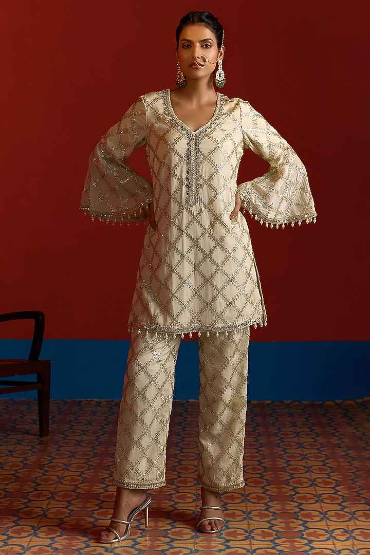 Ivory Georgette Mirror Embroidered Co-Ord Set by Mustard Moon by Neyha and Vrinda at Pernia's Pop Up Shop