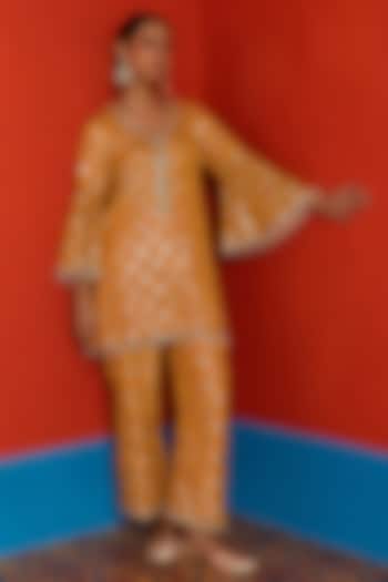 Amber-Colored Georgette Mirror Embroidered Co-Ord Set by Mustard Moon by Neyha and Vrinda at Pernia's Pop Up Shop