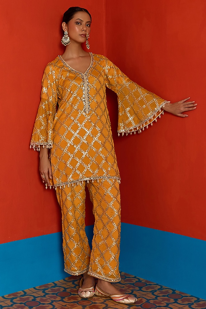 Amber-Colored Georgette Mirror Embroidered Co-Ord Set by Mustard Moon by Neyha and Vrinda at Pernia's Pop Up Shop