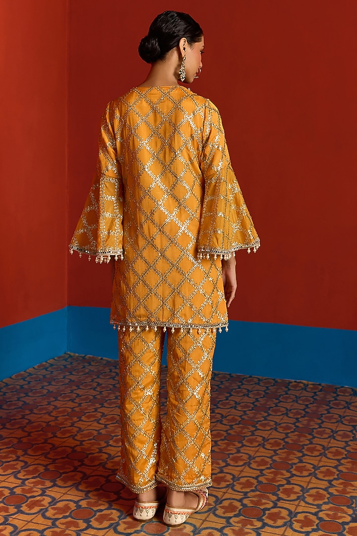 Amber-Colored Georgette Mirror Embroidered Co-Ord Set by Mustard Moon by Neyha and Vrinda at Pernia's Pop Up Shop