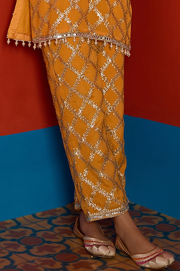 Amber-Colored Georgette Mirror Embroidered Co-Ord Set by Mustard Moon by Neyha and Vrinda at Pernia's Pop Up Shop