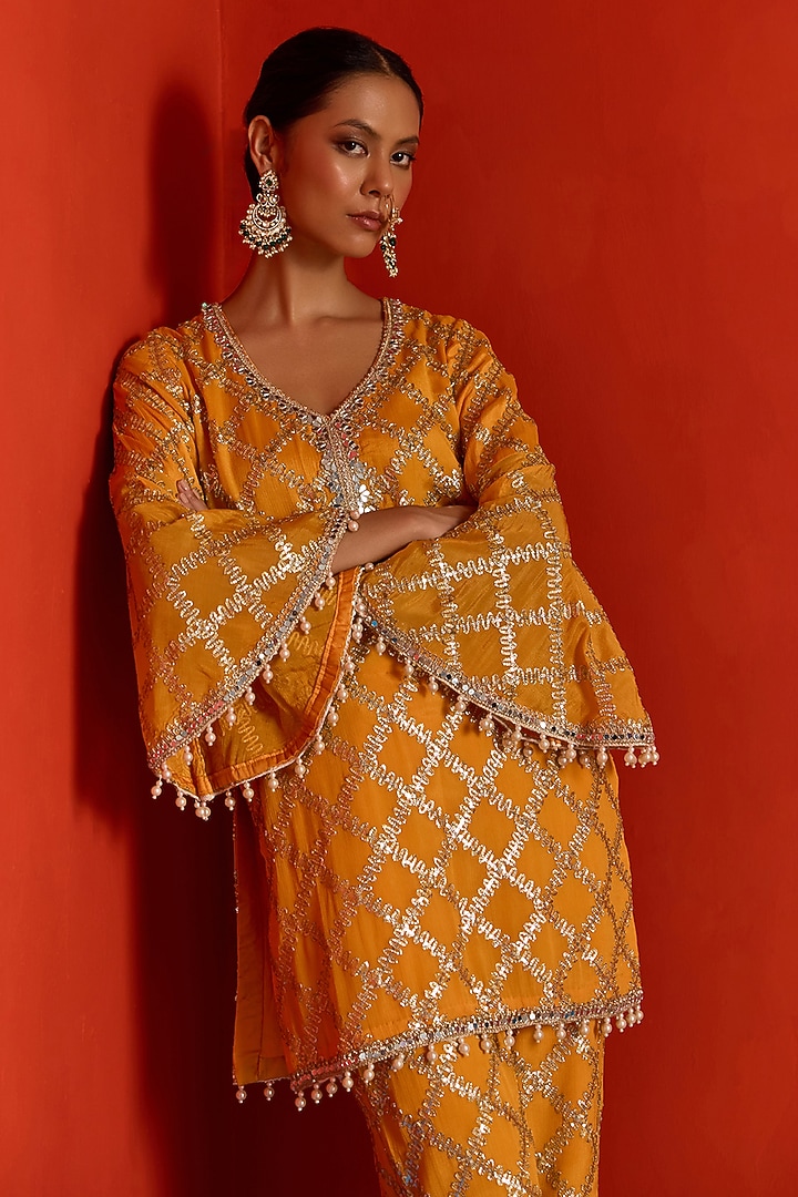 Amber-Colored Georgette Mirror Embroidered Co-Ord Set by Mustard Moon by Neyha and Vrinda at Pernia's Pop Up Shop