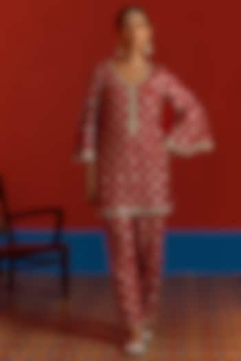 Scarlet Georgette Mirror Embroidered Co-Ord Set by Mustard Moon by Neyha and Vrinda at Pernia's Pop Up Shop