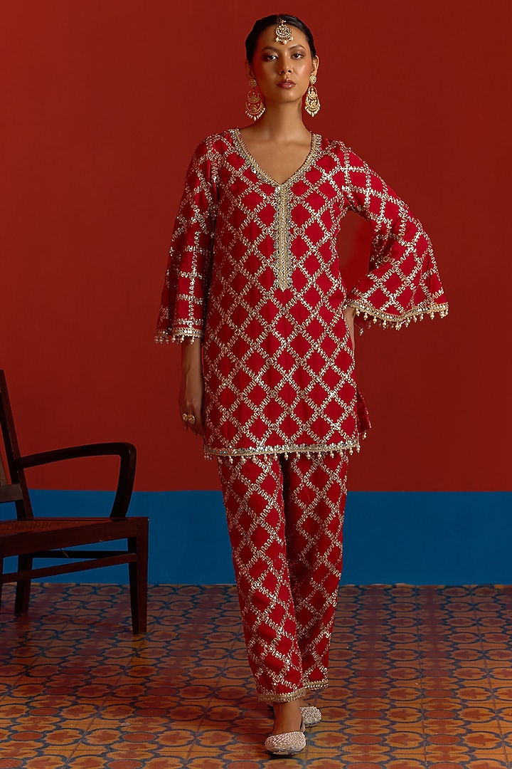 Scarlet Georgette Mirror Embroidered Co-Ord Set by Mustard Moon by Neyha and Vrinda at Pernia's Pop Up Shop
