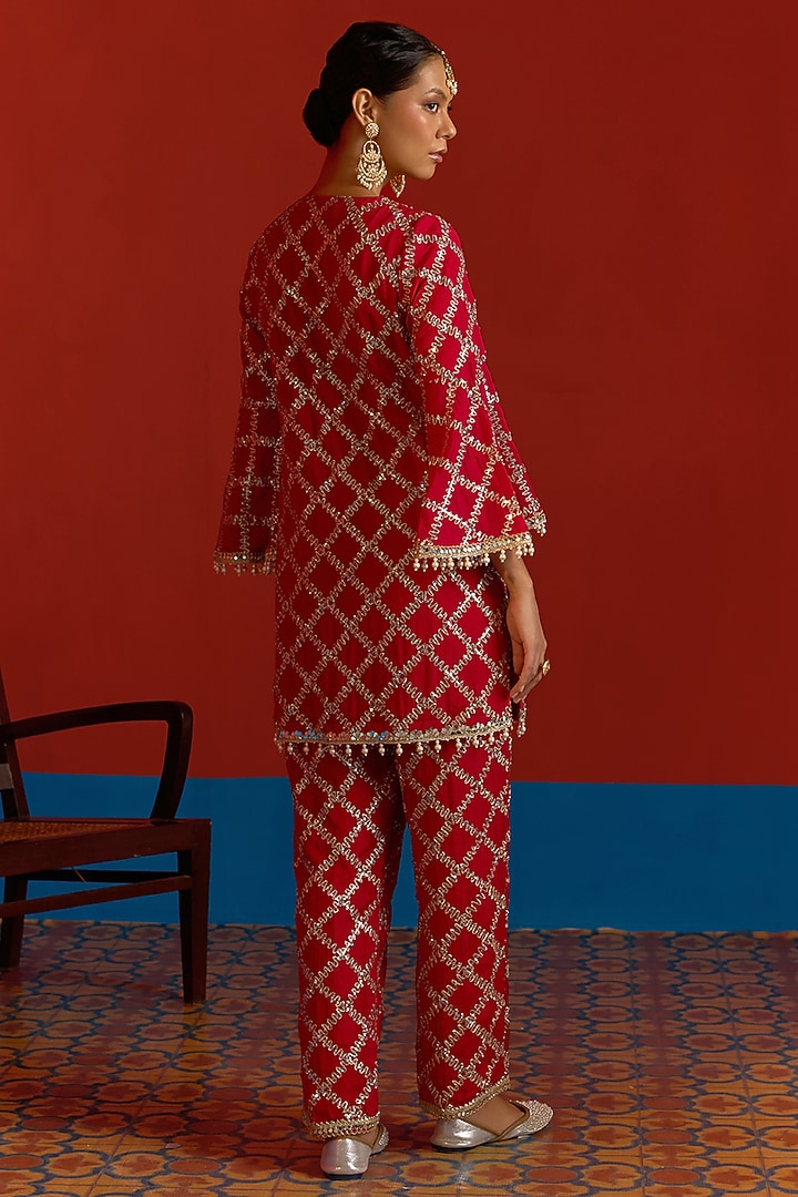 Scarlet Georgette Mirror Embroidered Co-Ord Set by Mustard Moon by Neyha and Vrinda at Pernia's Pop Up Shop
