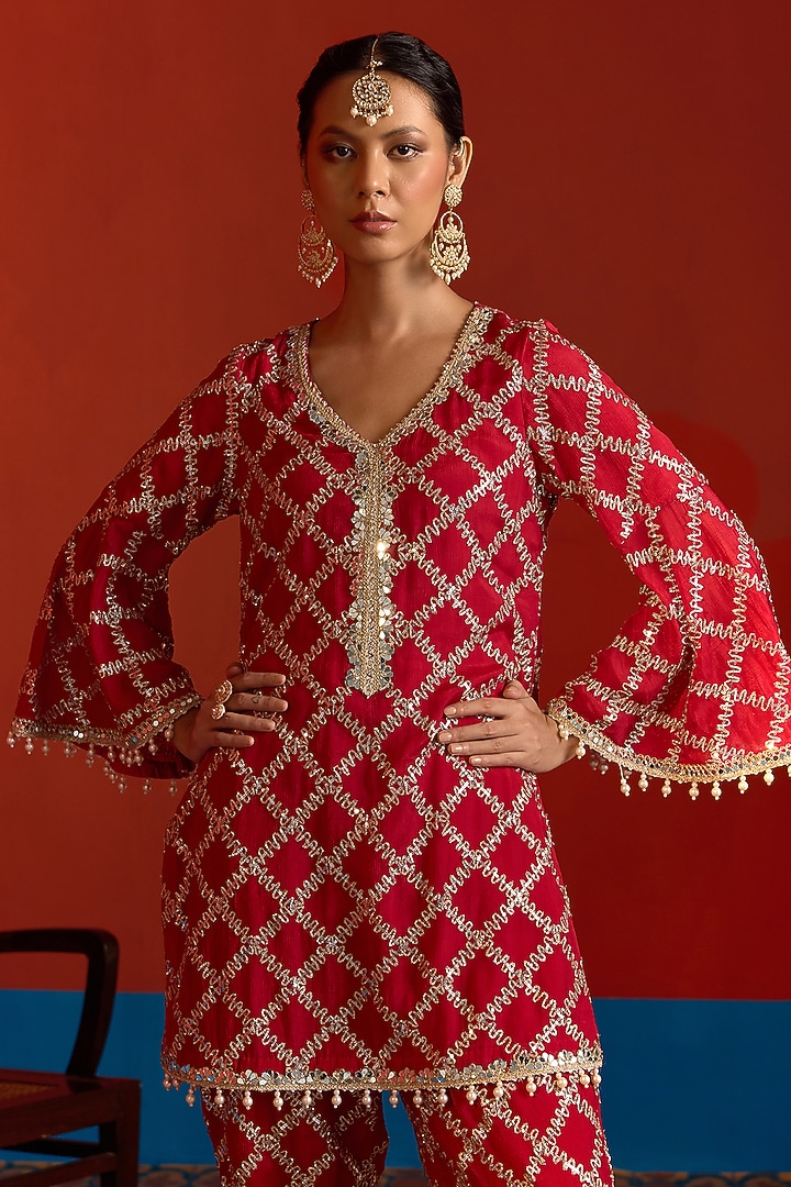 Scarlet Georgette Mirror Embroidered Co-Ord Set by Mustard Moon by Neyha and Vrinda at Pernia's Pop Up Shop