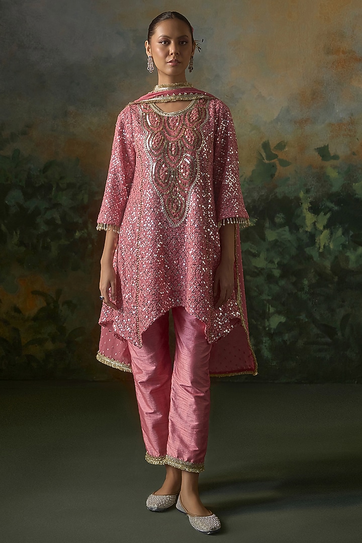 Deep Rose Georgette Sequins Embroidered Kurta Set by Mustard Moon by Neyha and Vrinda at Pernia's Pop Up Shop