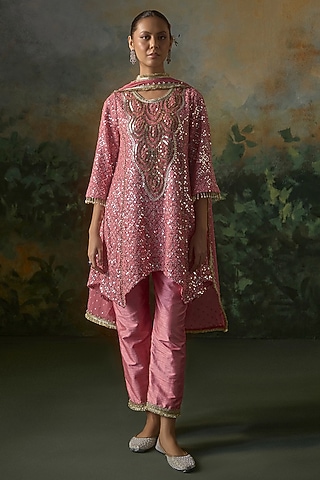 Deep Rose Georgette Sequins Embroidered Kurta Set by Mustard Moon by Neyha and Vrinda