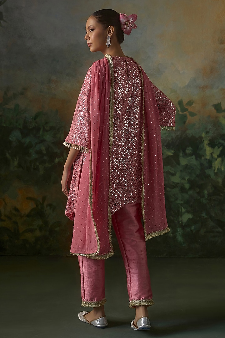 Deep Rose Georgette Sequins Embroidered Kurta Set by Mustard Moon by Neyha and Vrinda at Pernia's Pop Up Shop