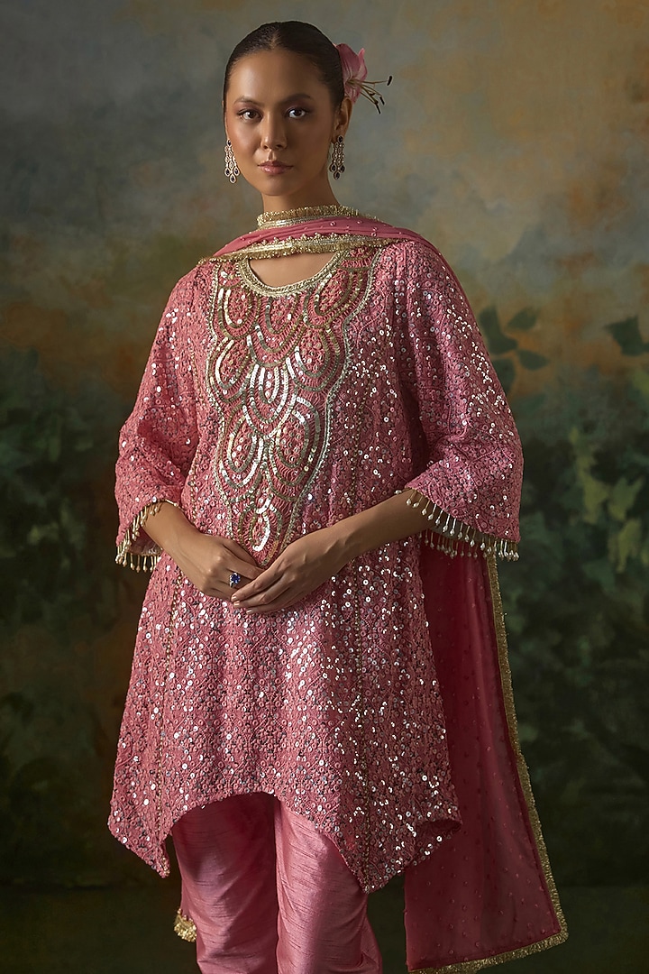 Deep Rose Georgette Sequins Embroidered Kurta Set by Mustard Moon by Neyha and Vrinda at Pernia's Pop Up Shop
