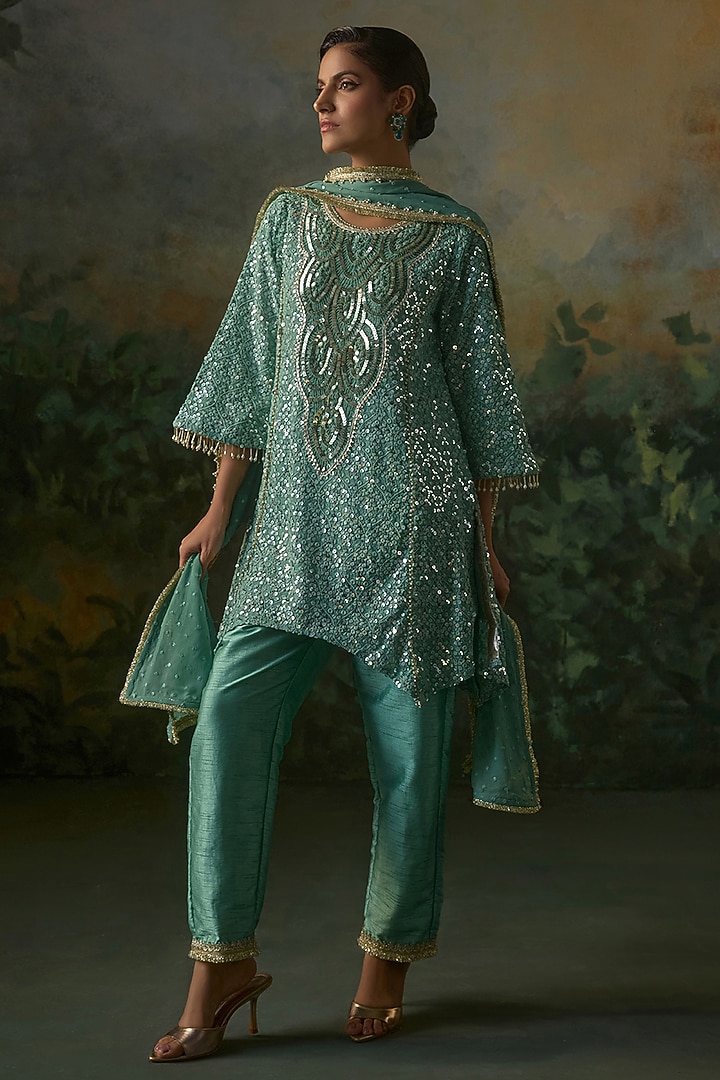 Deep Sage Georgette Sequins Embroidered Kurta Set by Mustard Moon by Neyha and Vrinda at Pernia's Pop Up Shop