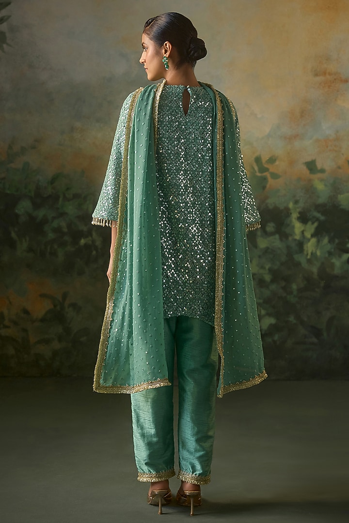 Deep Sage Georgette Sequins Embroidered Kurta Set by Mustard Moon by Neyha and Vrinda at Pernia's Pop Up Shop