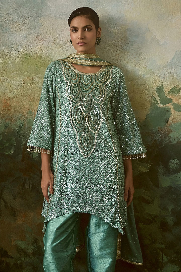 Deep Sage Georgette Sequins Embroidered Kurta Set by Mustard Moon by Neyha and Vrinda at Pernia's Pop Up Shop