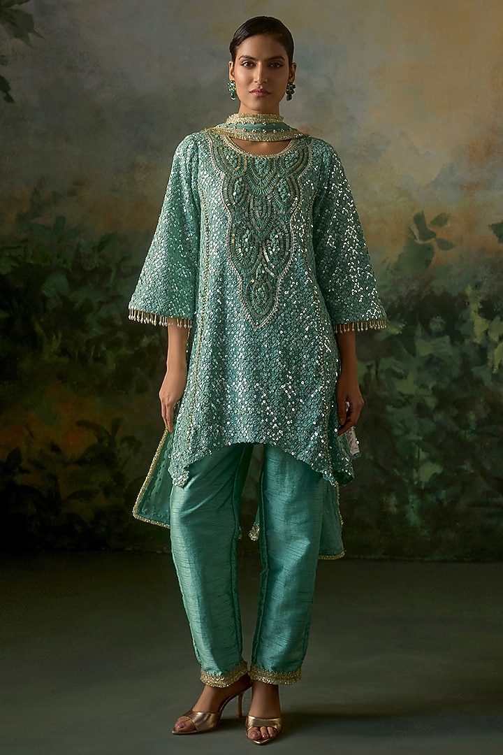 Deep Sage Georgette Sequins Embroidered Kurta Set by Mustard Moon by Neyha and Vrinda at Pernia's Pop Up Shop