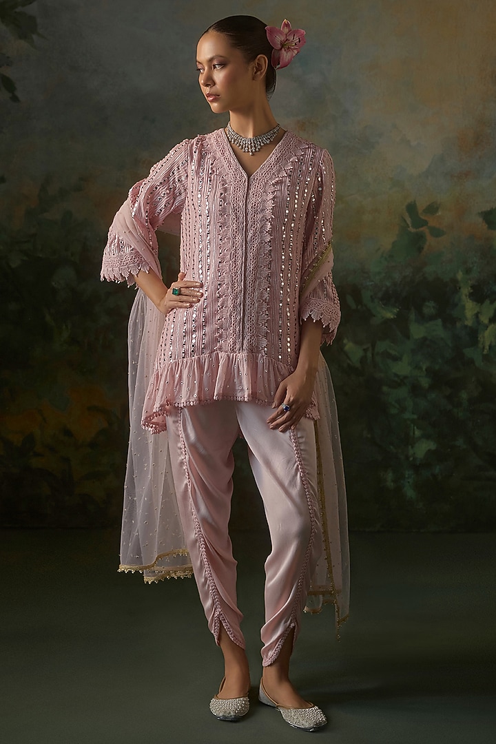 Pretty Pink Georgette Mirror Embroidered Kurta Set by Mustard Moon by Neyha and Vrinda at Pernia's Pop Up Shop