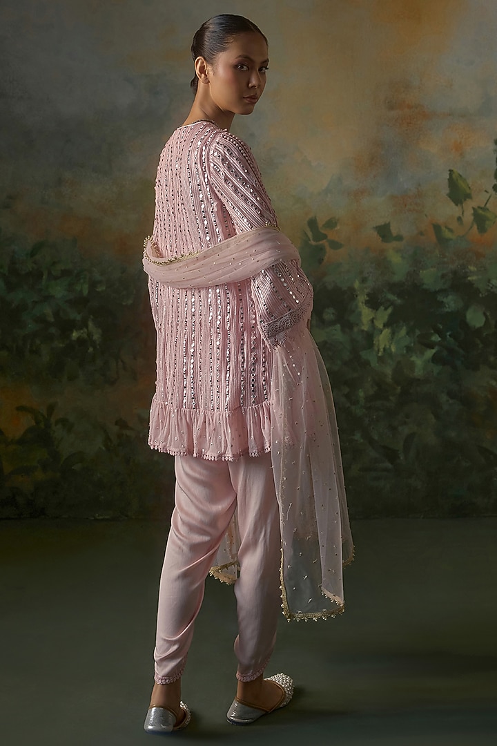 Pretty Pink Georgette Mirror Embroidered Kurta Set by Mustard Moon by Neyha and Vrinda at Pernia's Pop Up Shop