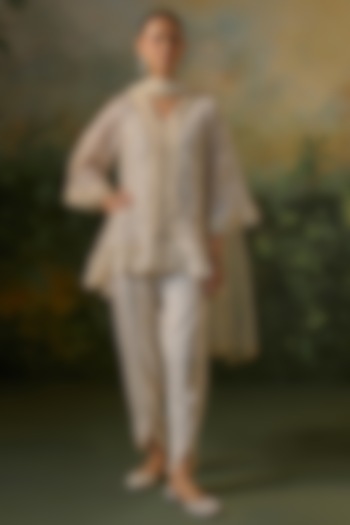 Ivory Georgette Mirror Embroidered Kurta Set by Mustard Moon by Neyha and Vrinda at Pernia's Pop Up Shop