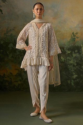 Ivory Georgette Mirror Embroidered Kurta Set by Mustard Moon by Neyha and Vrinda