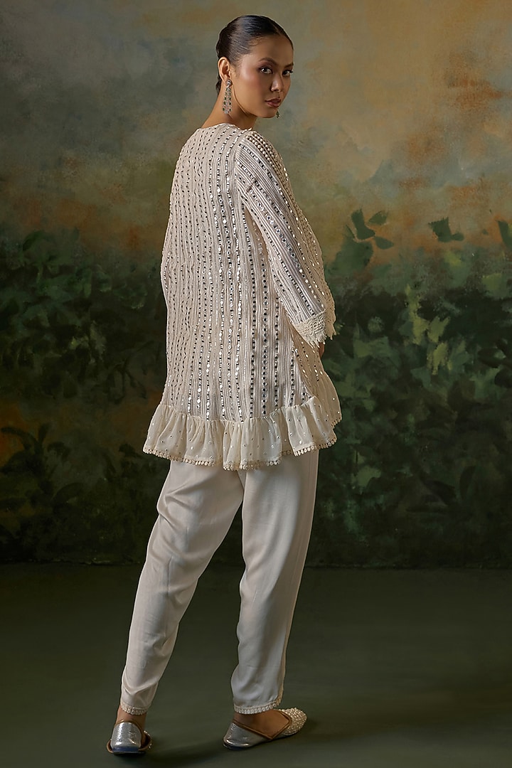 Ivory Georgette Mirror Embroidered Kurta Set by Mustard Moon by Neyha and Vrinda at Pernia's Pop Up Shop
