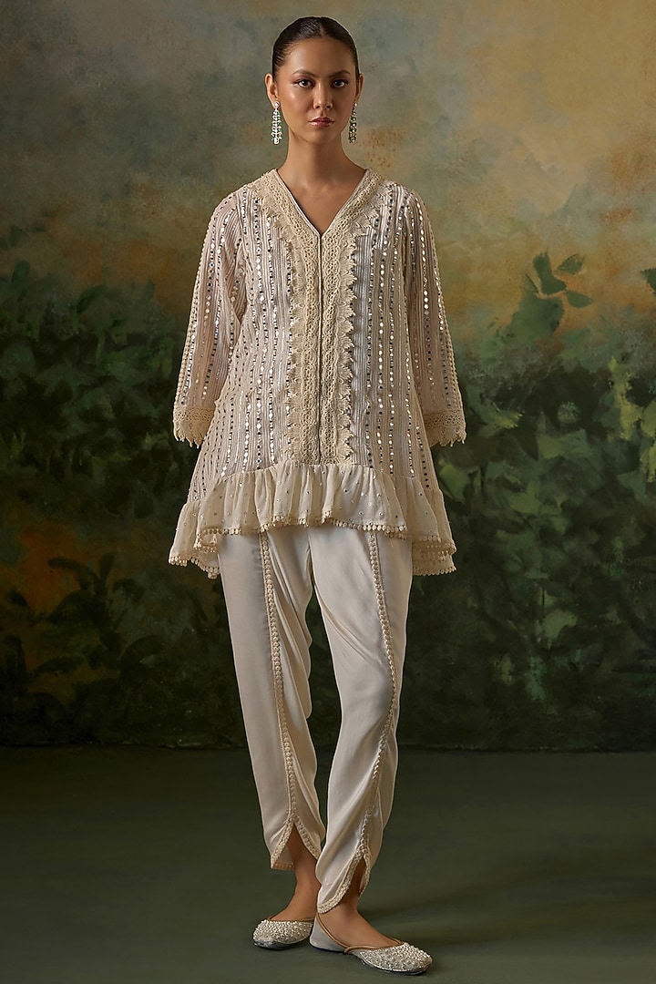Ivory Georgette Mirror Embroidered Kurta Set by Mustard Moon by Neyha and Vrinda at Pernia's Pop Up Shop